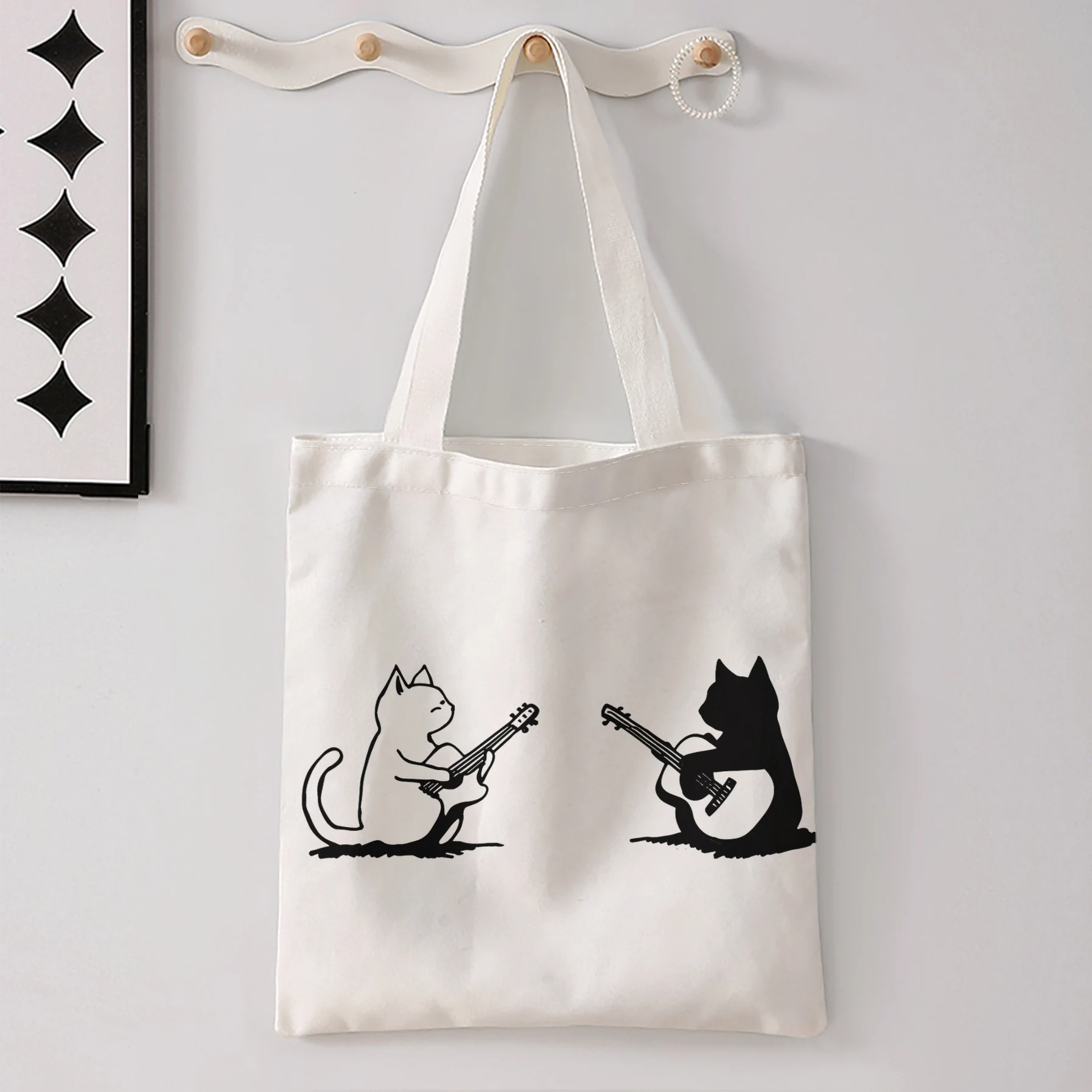Black And White Line Art Two Cats Playing Guitar Print Tote Bag Large Shoulder Handbag For Shopping Daily Commute
