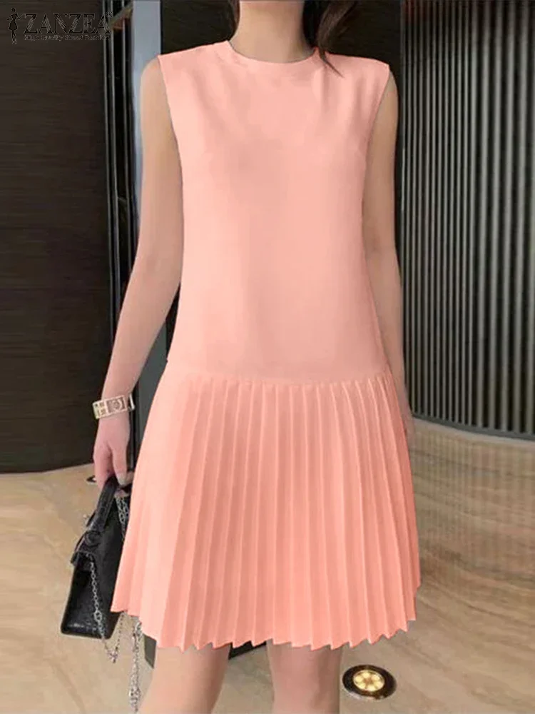ZANZEA 2025 été sans manches plissé Mini robe femmes élégant fête réservoir robes dames décontracté couleur unie courte robe d'été
