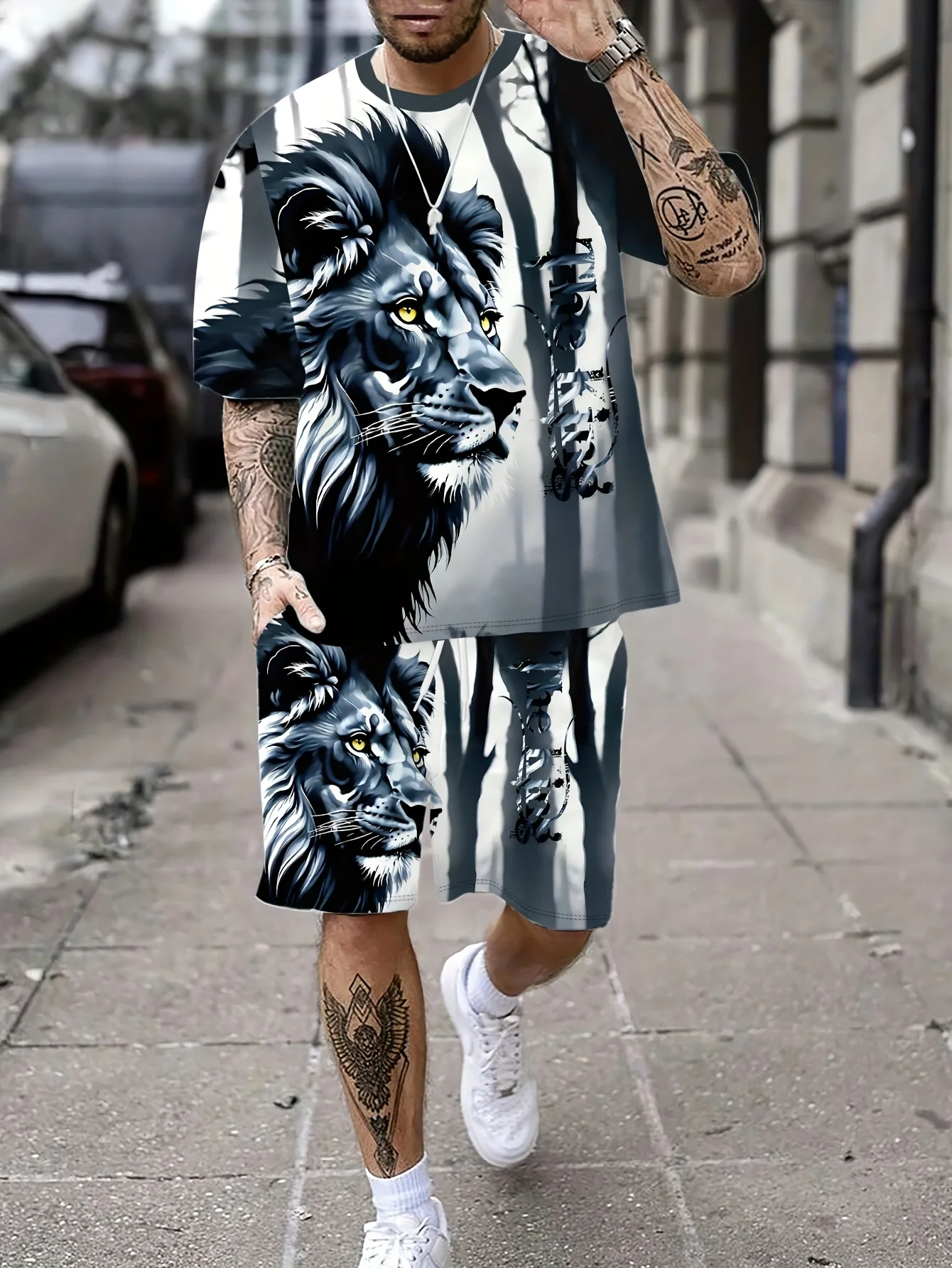 

25-26 летний хит продаж, модный тренд, роскошный костюм с 3D принтом, американская уличная дышащая быстросохнущая футболка, комплект с шортами