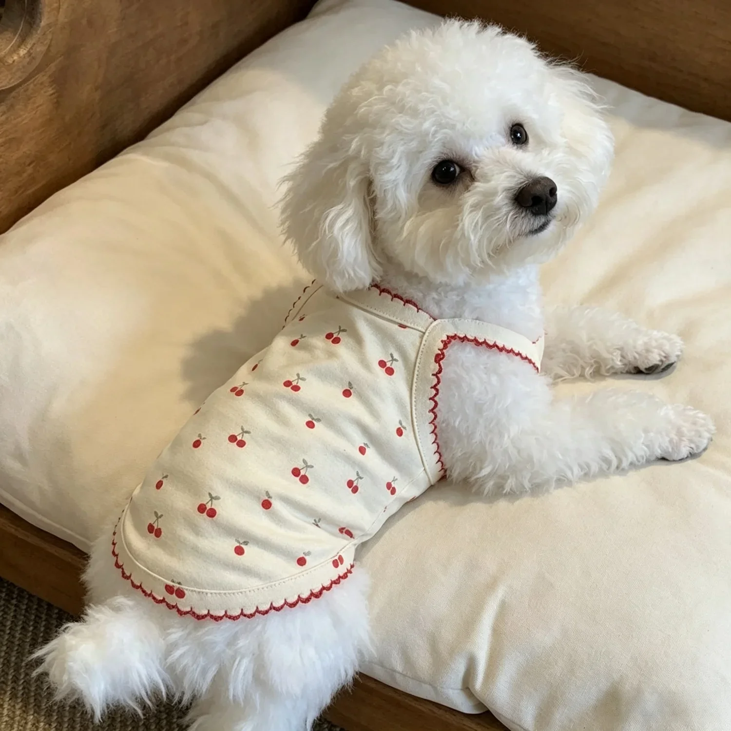 Sommerweste für kleine Hunde, niedliches Kirschmuster, Haustierkleidung, atmungsaktives ärmelloses Welpenshirt aus Baumwolle für Bichon Teddy Cat – Detail 16
