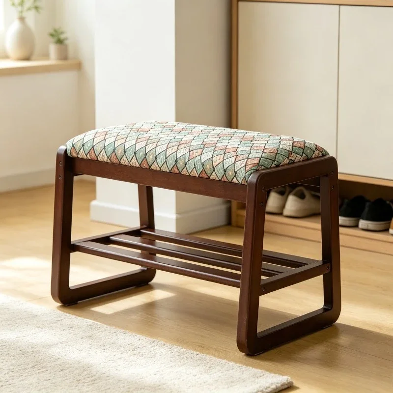 Retro Geometric Pattern Upholstered Wooden Shoe Bench Wood Frame Space Saving Hallway Changing Stool Bay Window Leisure Seat