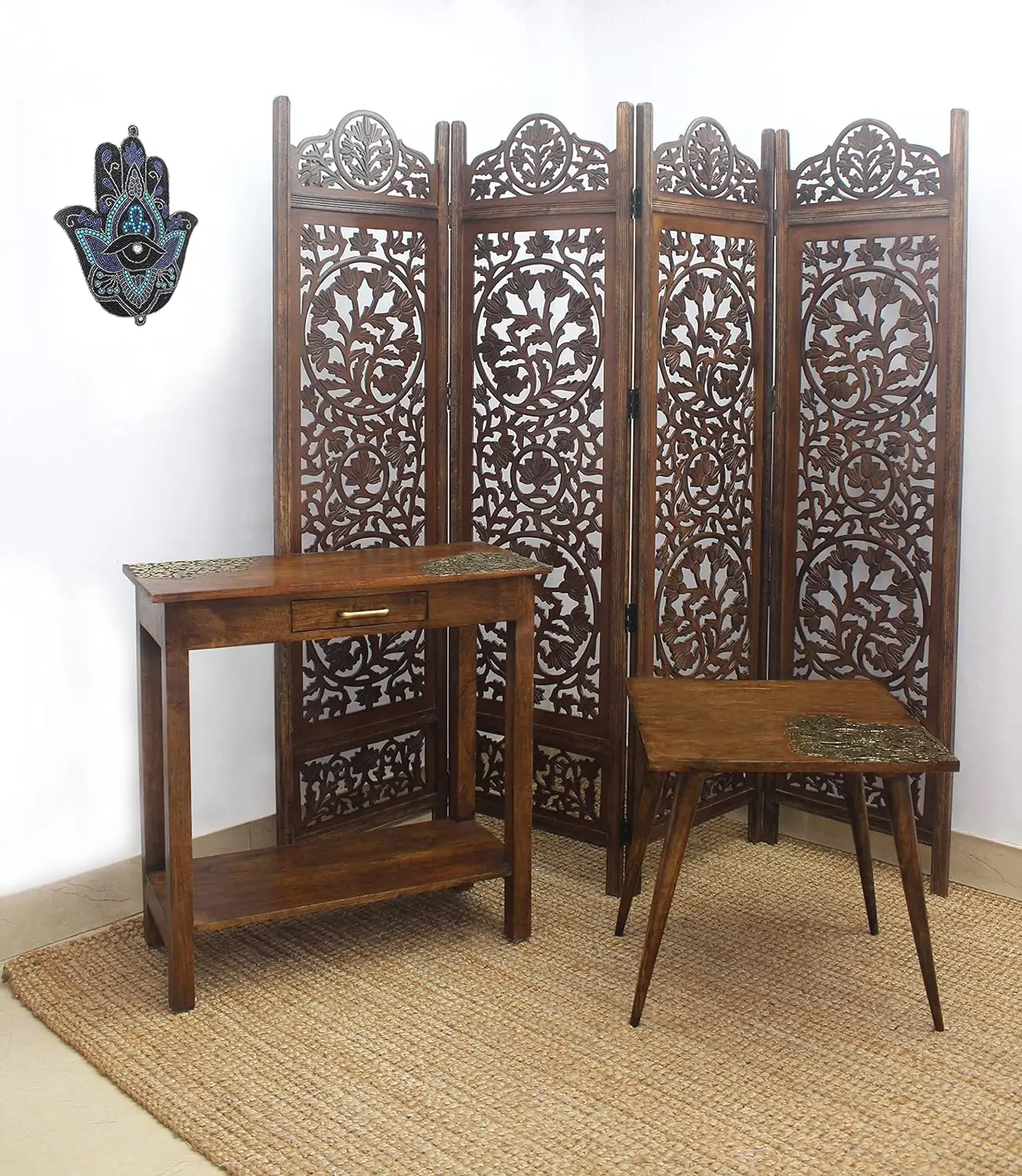 

Room Divider Wood Floor Screen - Kamal Antique Brown - 4 Folding Panel 72 x 80 - Hand Carved Portable Reversible Functional