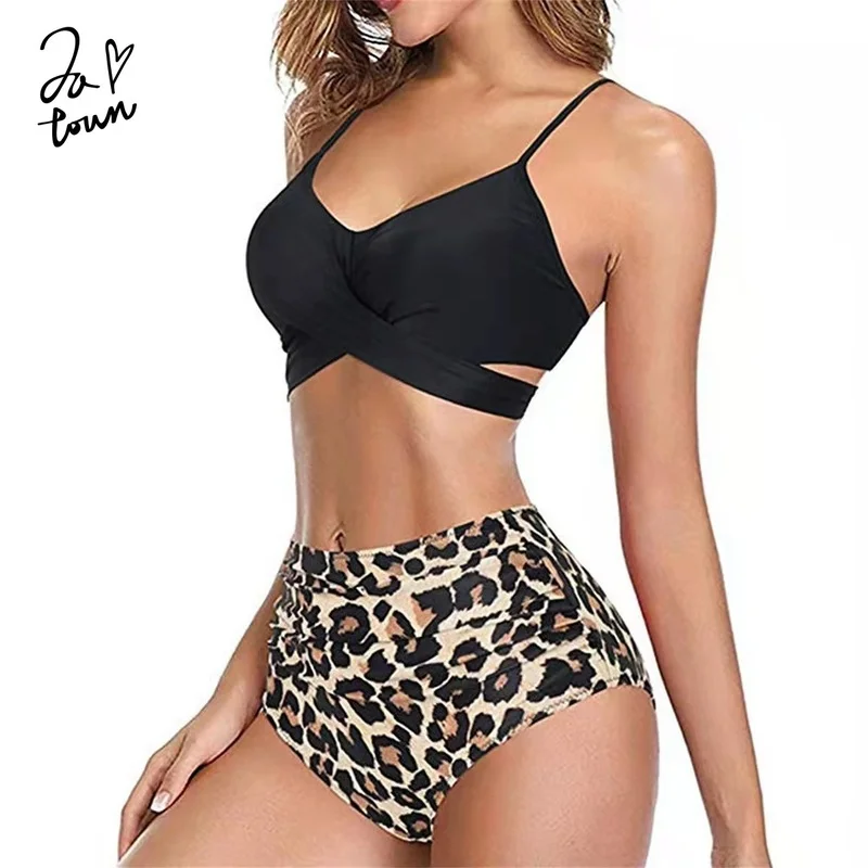 Zatown High Waist Bikini Woman Sexy Swimsuits Push Up Swimwear Leopard bikini Bathing Suit Plus Size V-neck Ruched Beachwear