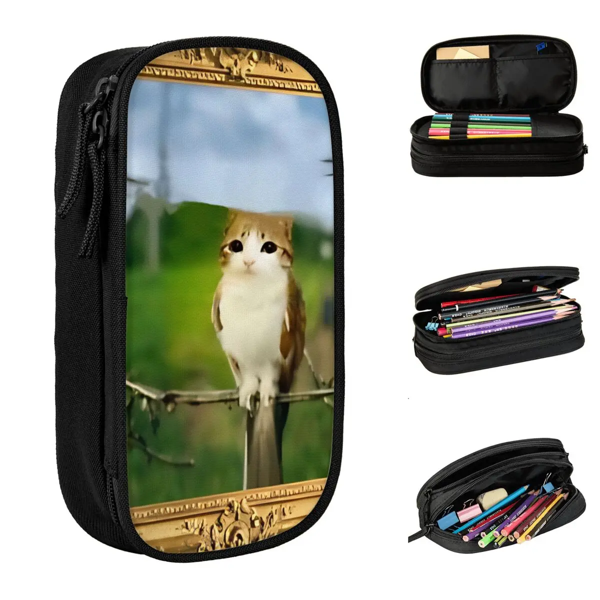 Creative Meowl Meme Federmäppchen, Katzen-Eulen-Brainrot 90er-Jahre-Stil, Federmäppchen mit großem Fassungsvermögen, Schulbedarf, Geschenke, Accessoires
