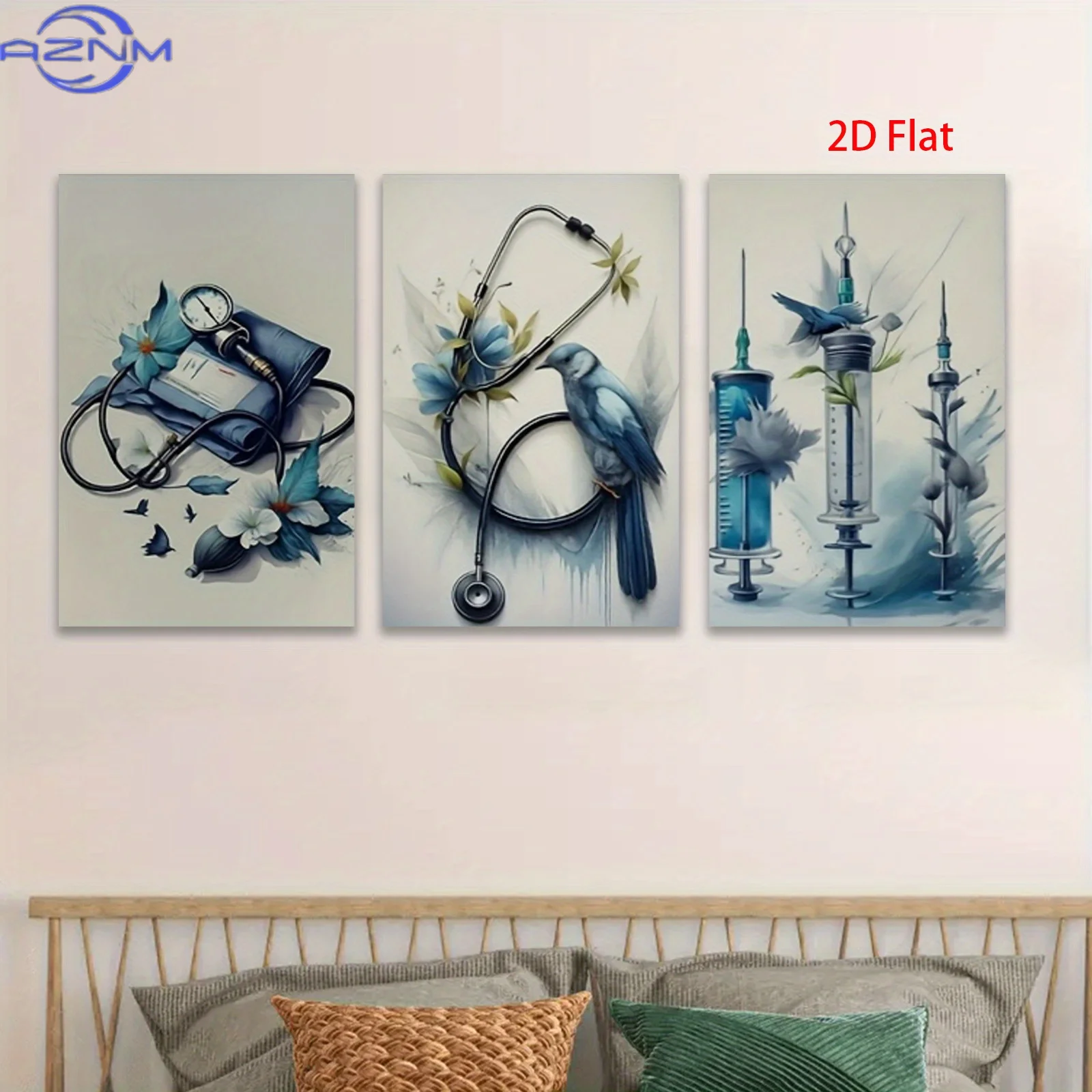 3pcs Medical Theme Canvas Wall Art - Waterproof Wrapped Frame, Stethoscope, Heart & Stethoscope Design, Perfect for Birthday Pa