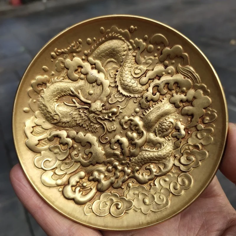 Antique Copperware Collection Dragon Flying Phoenix Dancing Plate Xianglong Copper Plate Home Tea Ceremony Craft Ornament