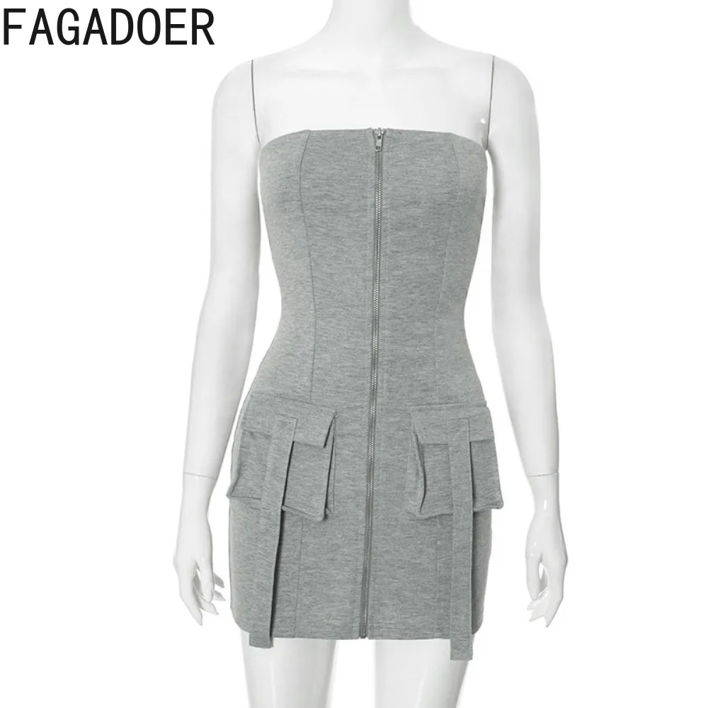 FAGADOER Fashion Solid Color Zipper Pocket Cargo Bodycon Mini Dresses Women Sleeveless Backless Slim Vestidos Female Streetwear