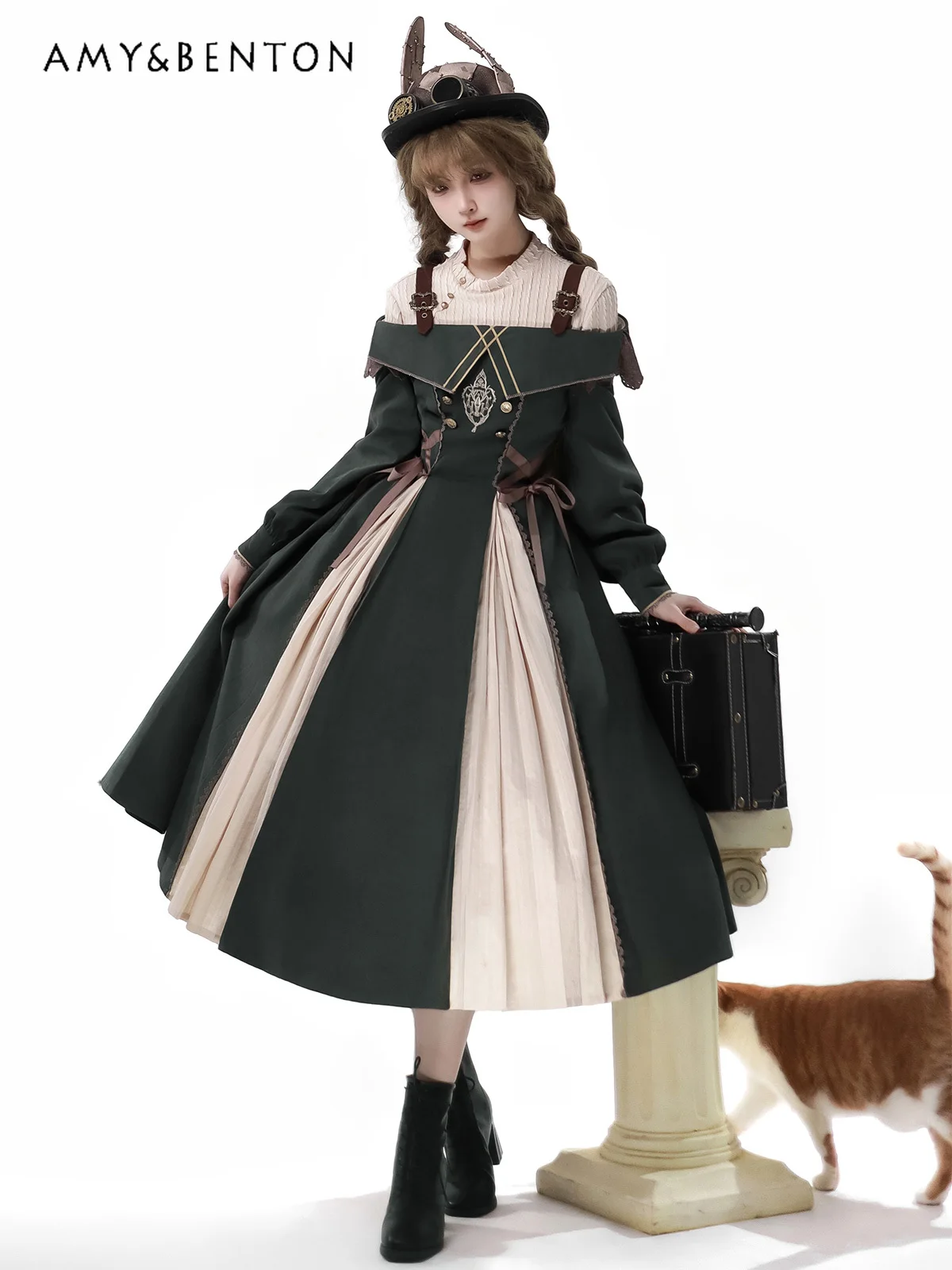 

2026 Sweet Lolita Two Piece Set Spring Autumn Green Princess Dress Apricot Long Sleeve Top High Waist Slim Fit Outfit