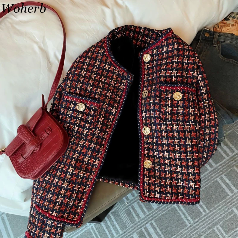 2024 Women Clothing Temperament Pocket Jackets O-neck Patchwork Y2k Vintage Outwear Fashion Thicked Tweed Single Breasted Coats