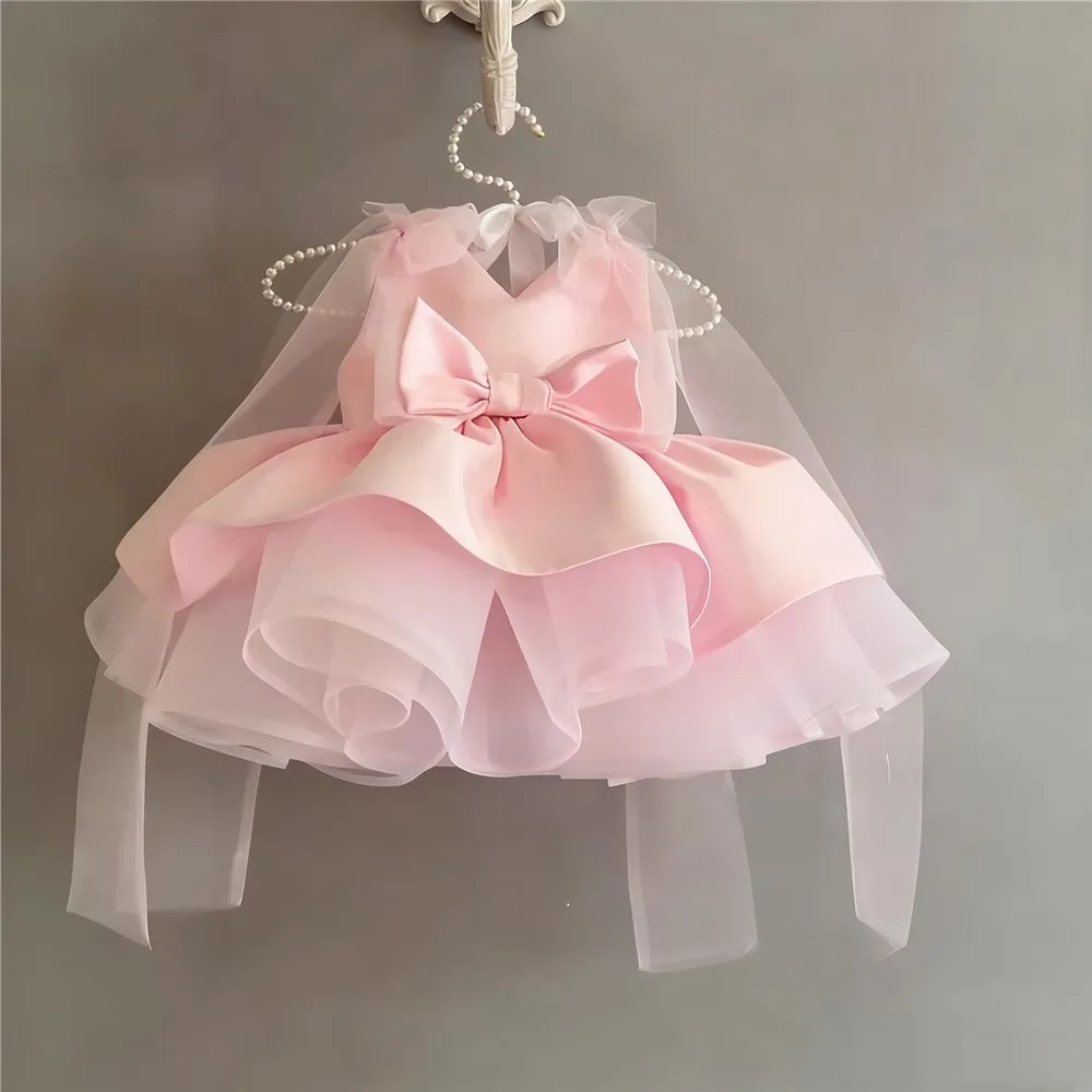

Customized Flower Girl Dress For Wedding Puffy Sleeveless With Bow Kids Birthday Baby Party Princess First Communion Ball Gown
