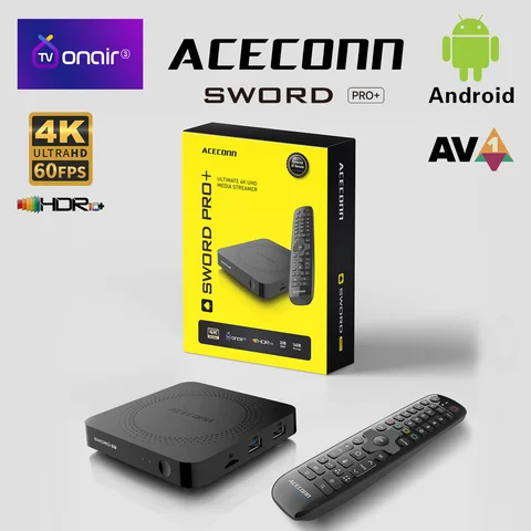 ACECONN Streaming Android IPTV Boxes 4K TVONAIR3 Dual WiFi BT Compatible con Control Remoto por Voz, Teclas Retroiluminadas, Buscar RCU, TV Box Sword Pro+