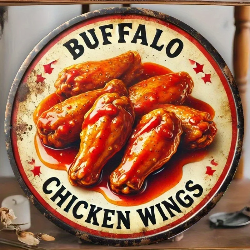 Vintage Metal Steak Wings Sign 8x8 Round Tin Wall Art for Bar Cafe Kitchen Decor