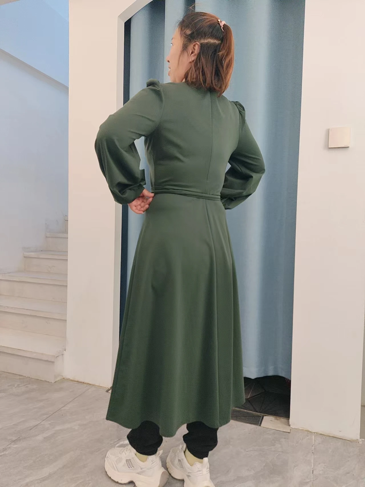 Fenggejiwo Spring/Summer Dark Green Long A-line Pattern Belt Waist Long Sleeve Dress