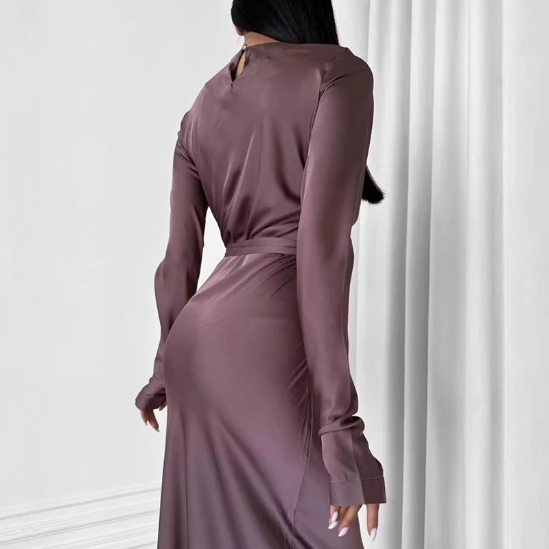 2026 nueva primavera vestido de oficina de manga larga High Street Color sólido con cordones vestido de mujer cuello redondo ajustado banquete A-line vestidos