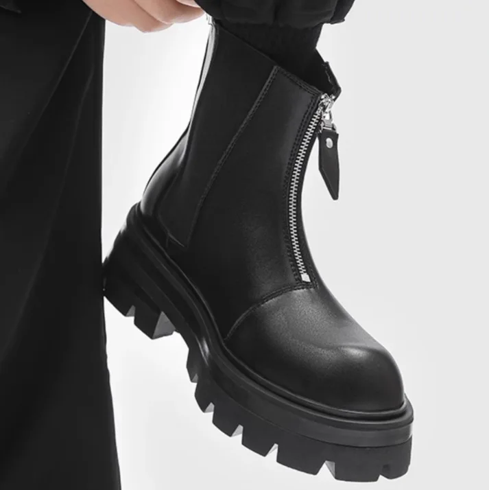 

Men Lug Boots Classic Zip Shoes Cow Split Leather Outdoor Work Boots