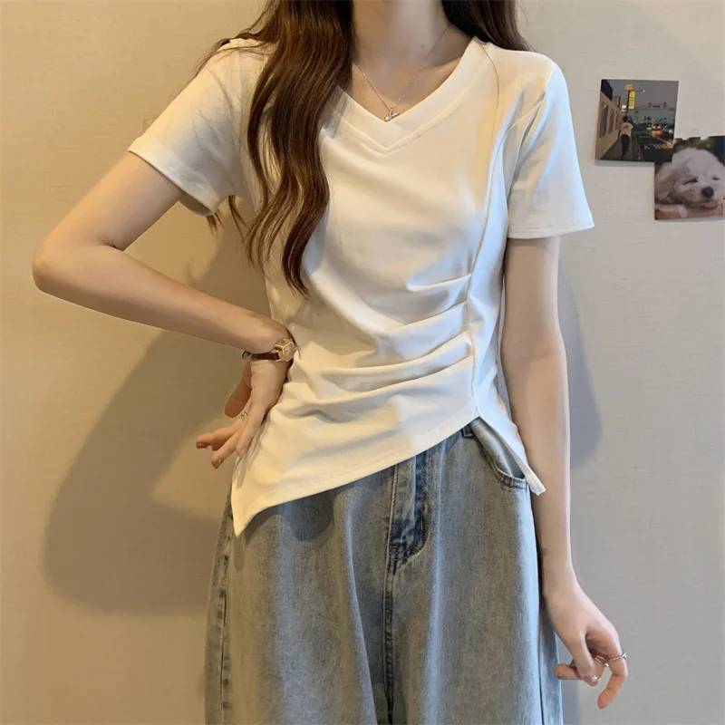 Loose V-Neck Short Sleeve T-Shirt Women's plus Size Summer Slimming Top Gathered Sweet Style Regular Length Pure Color Polyester