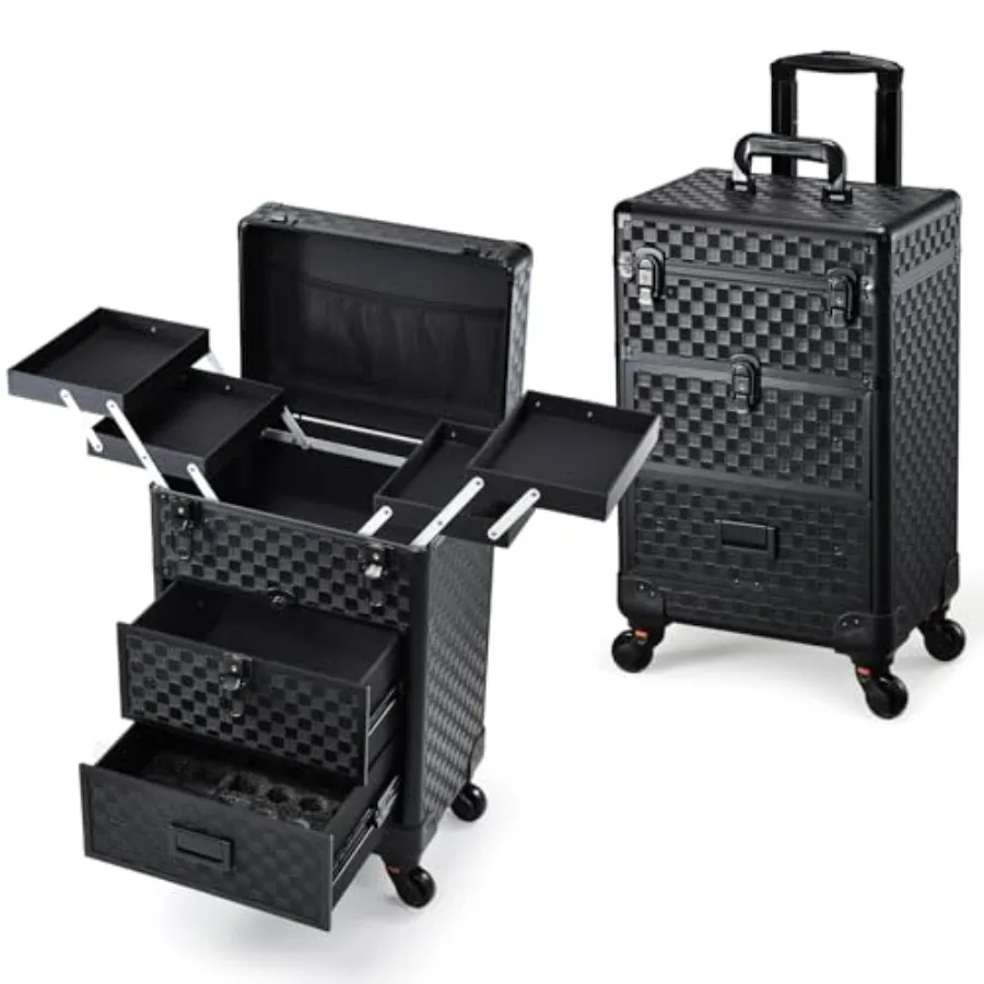 

Rolling Makeup Case with Drawers Cosmetology Case on Wheels 3 IN 1 Makeup Case 2 Drawers with Foot Stand Spring-release Mechani
