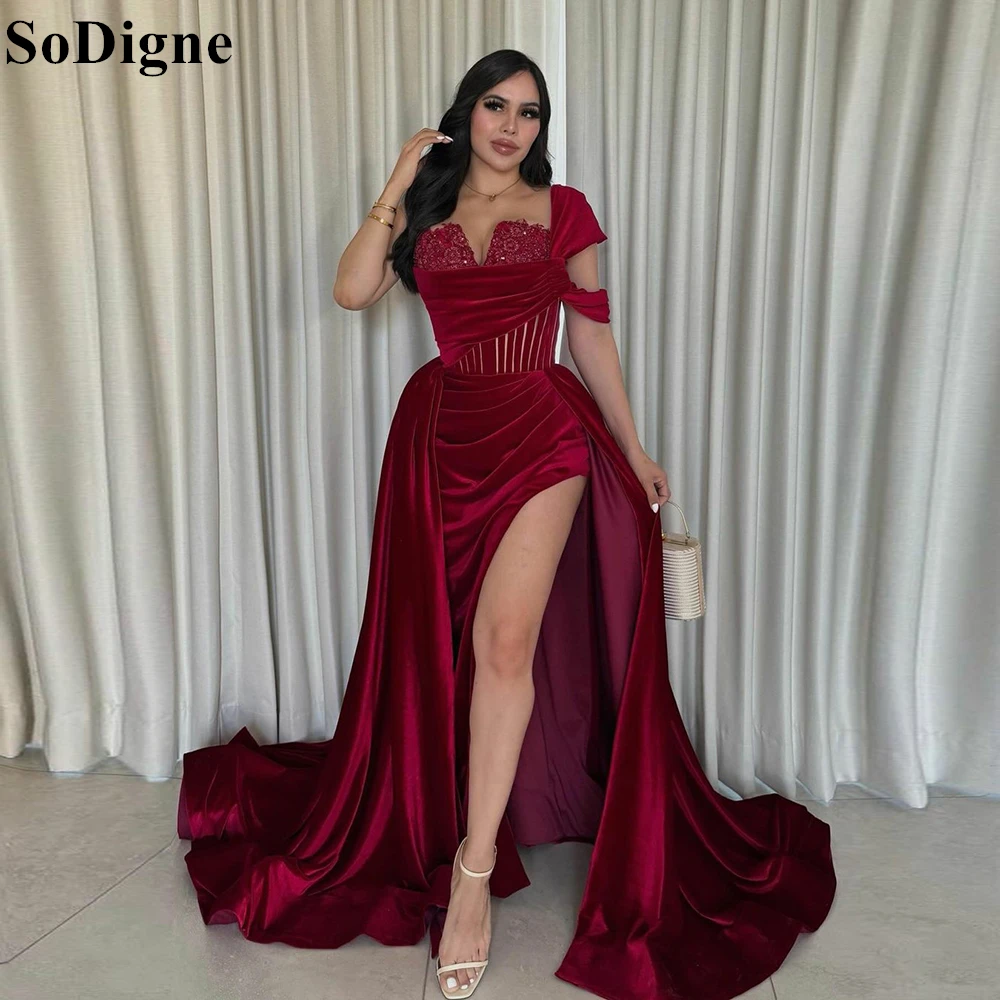 

SoDigne Elegant Burgundy Velvet Evening Dresses One Shoulder High Slit Draped Lace Beading Party Dress 2024 Prom Gown Customized