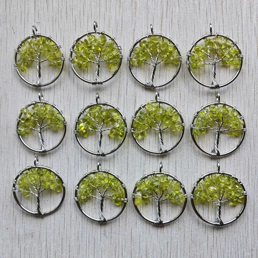 Fashion Natural Olive Green Stone Tree of life handmade wire wrapped pendants 30mm for jewelry marking Wholesale 12pcs/lot