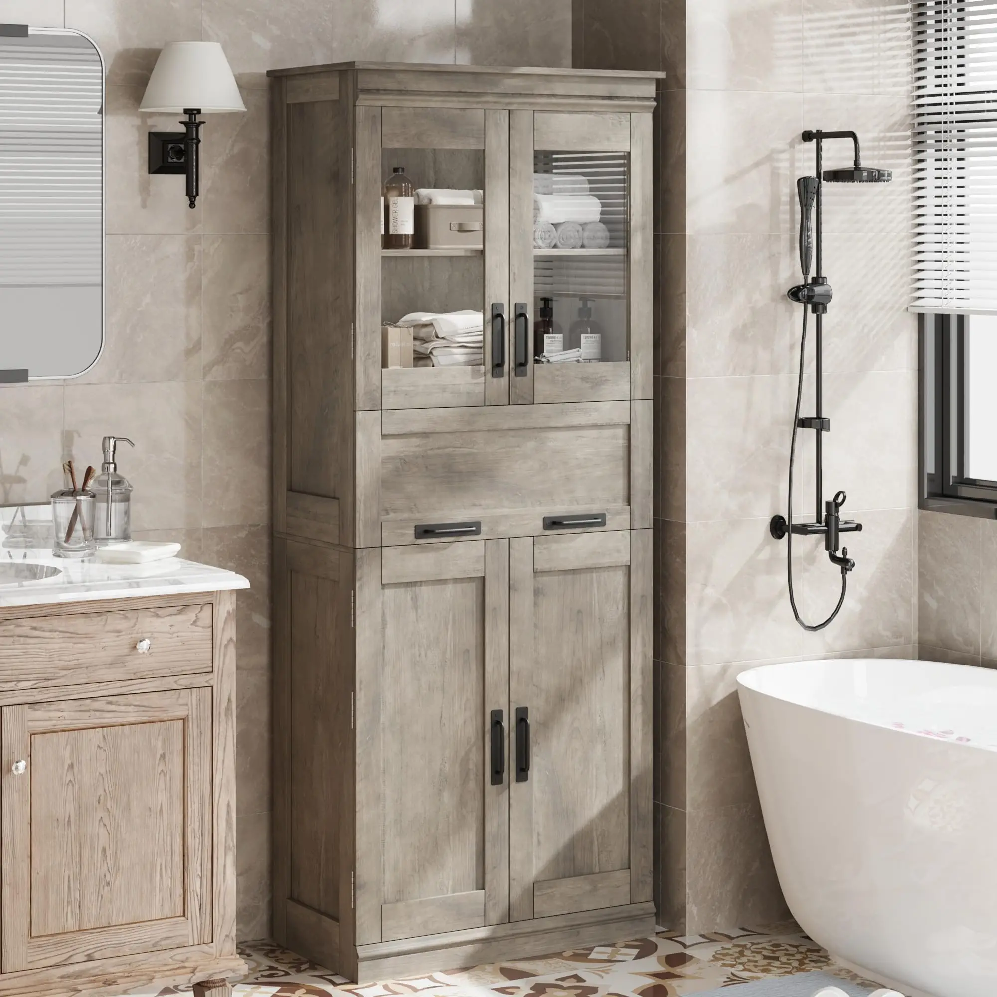 Hoge badkamer opbergkast 170cm glazen deur/lade/verstelbare planken vrijstaande organizer voor badkamer keuken woonkamer