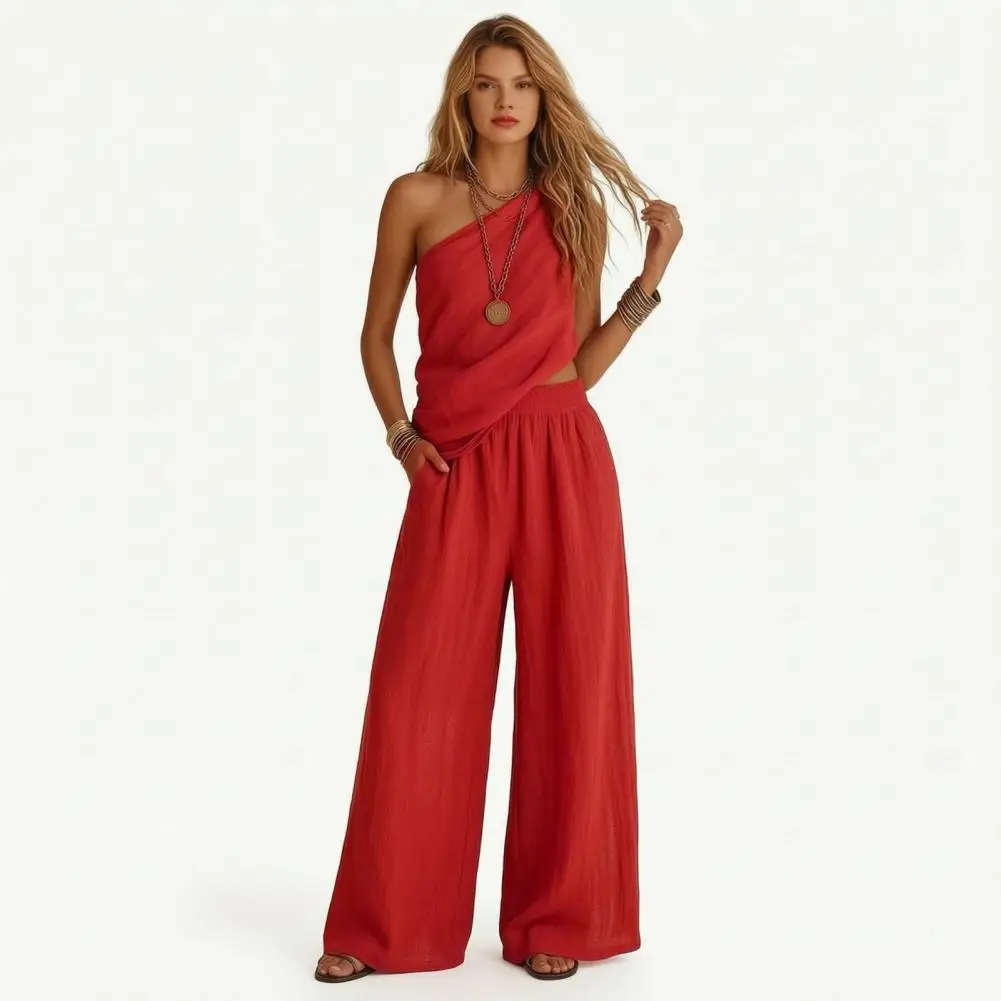 One Shoulder Sloping Top Cotton Linen Two-piece Set for Women One Shoulder Top Wide Leg Pants Matching Outfit Summer Vacation