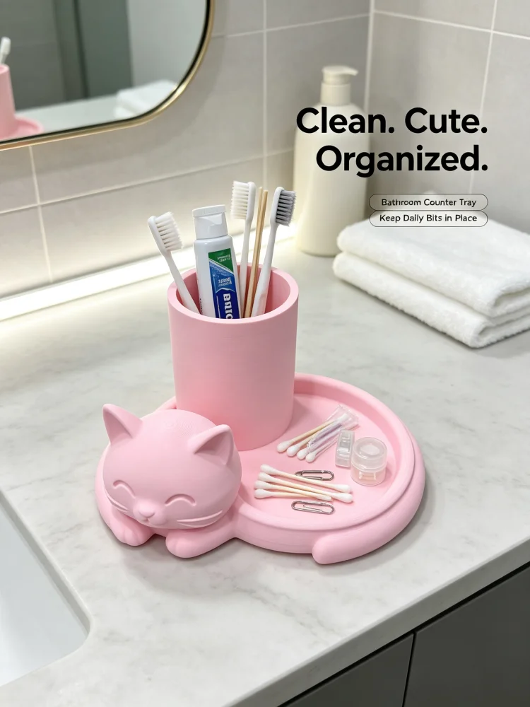 Small Pink Cat-Shaped Bathroom Storage Rack, Two-In-One Toothbrush Holder. Compact Design That Doesn'T Take up Countertop Space, Suitable for Small Countertops. Features a Tray Design to Organize Toothbrushes, Toothpaste, and Small Items. Cute Animal-Shaped Bathroom Countertop Storage Box, Suitable for Small Bathrooms, Washbasins, and Vanity Tables. Easy to Move and Place Flexibly. a Practical Bathroom Storage Solution Suitable for Small Spaces