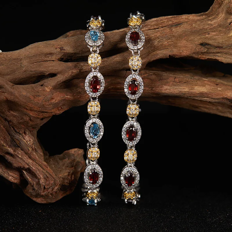 

Xiaohongshu Douyin Live Streaming Hot-Selling AccessoriesS925Sterling Silver Inlaid Natural Gemstone Topaz Garnet Bracelet for W