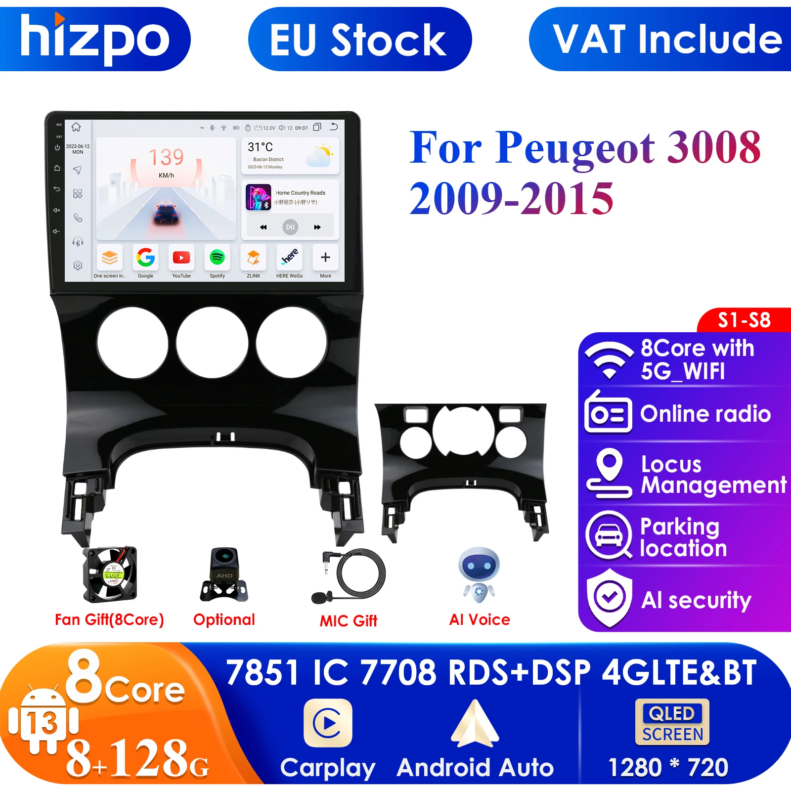 9'' 10.33'' 7862 AI System 2din Android Car Radio Multimedia Video Player for Peugeot 3008 2009-2015 Nav GPS Carplay Auto 4G RDS