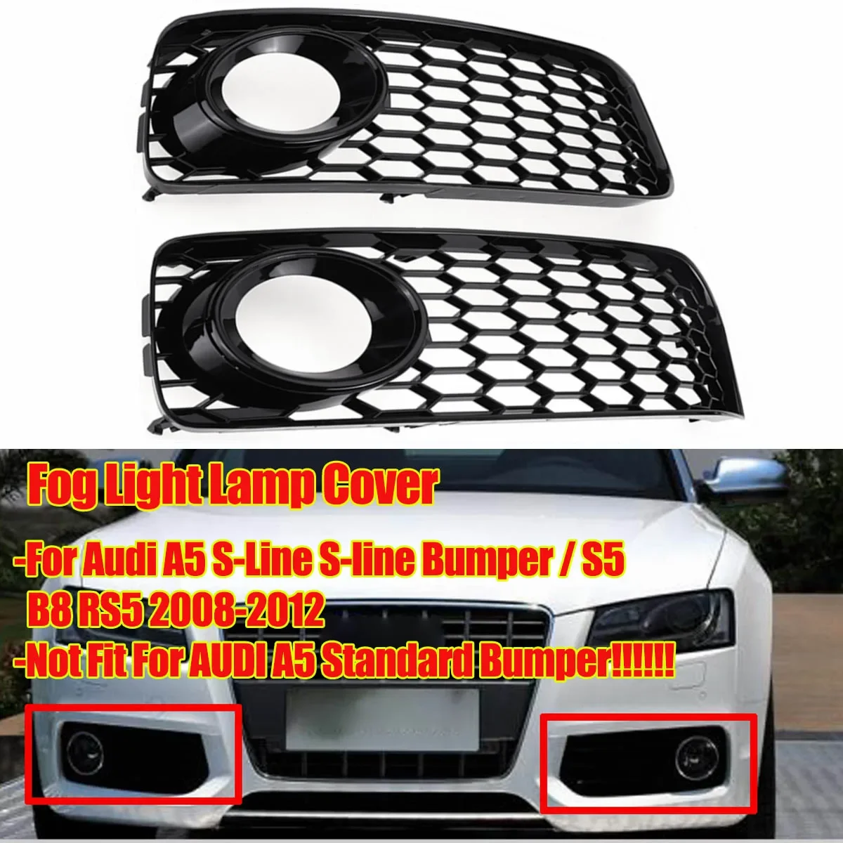 Glossy Black Car Front Bumper Fog Light Lamp Grille Grill Cover Mesh Honeycomb For Audi A5 S-Line S5 B8 RS5 2008 2009 2010- 2012
