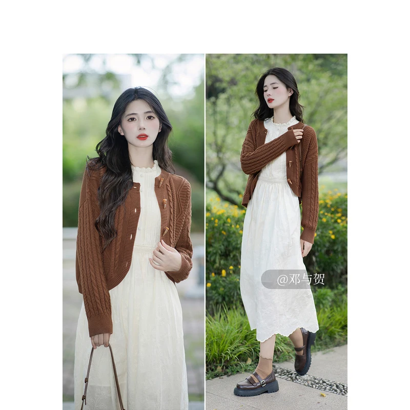 INMAN Women Knit Cardigan 2023 Autumn Long Sleeve Round Neck Loose Sweater Literary Cow Horn Buckle Petal Hem Fashion Tops