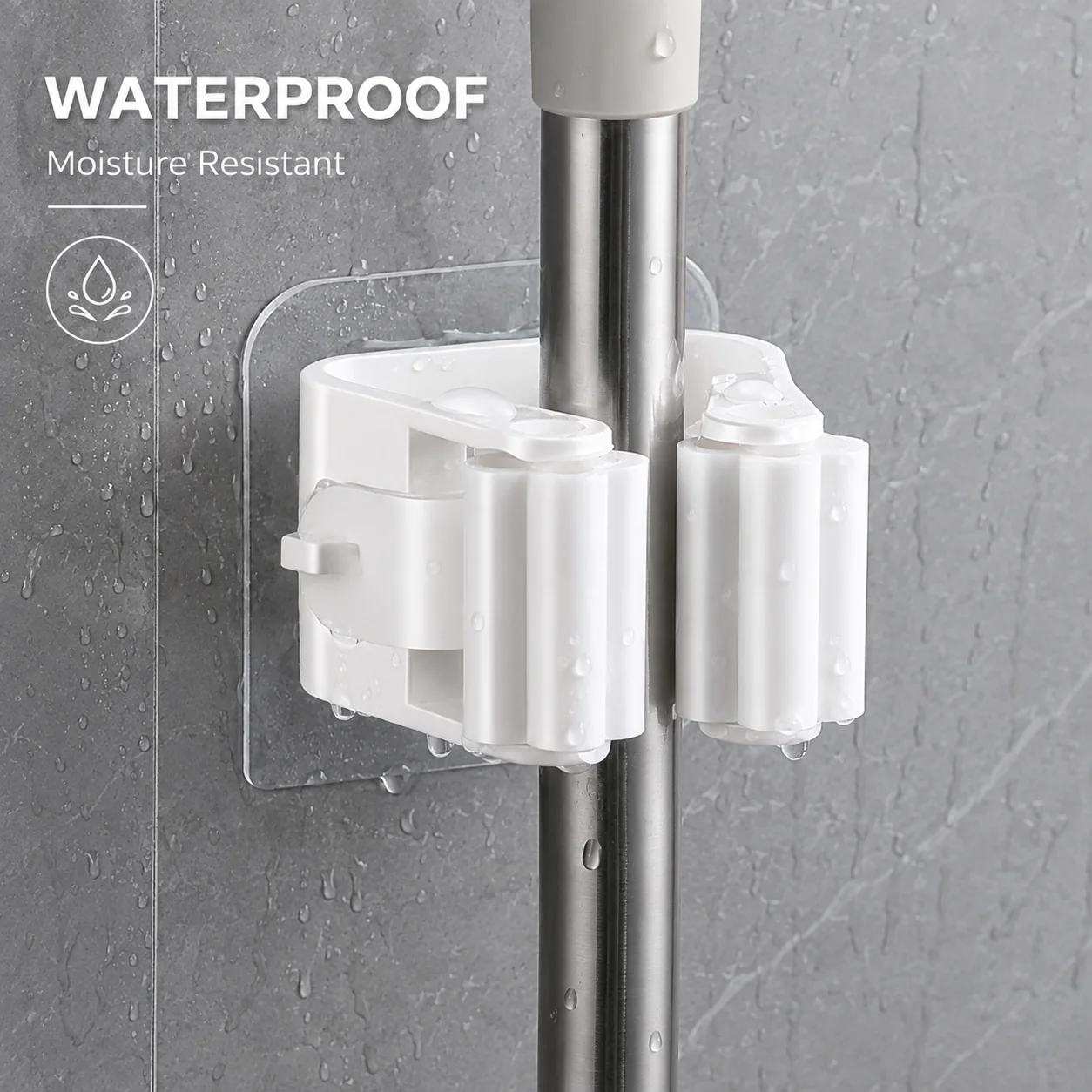 Wall Mounted Mop Holder No Drill Self Adhesive Broom Organizer Strong Grip Waterproof Cleaning Tool Storage Rack