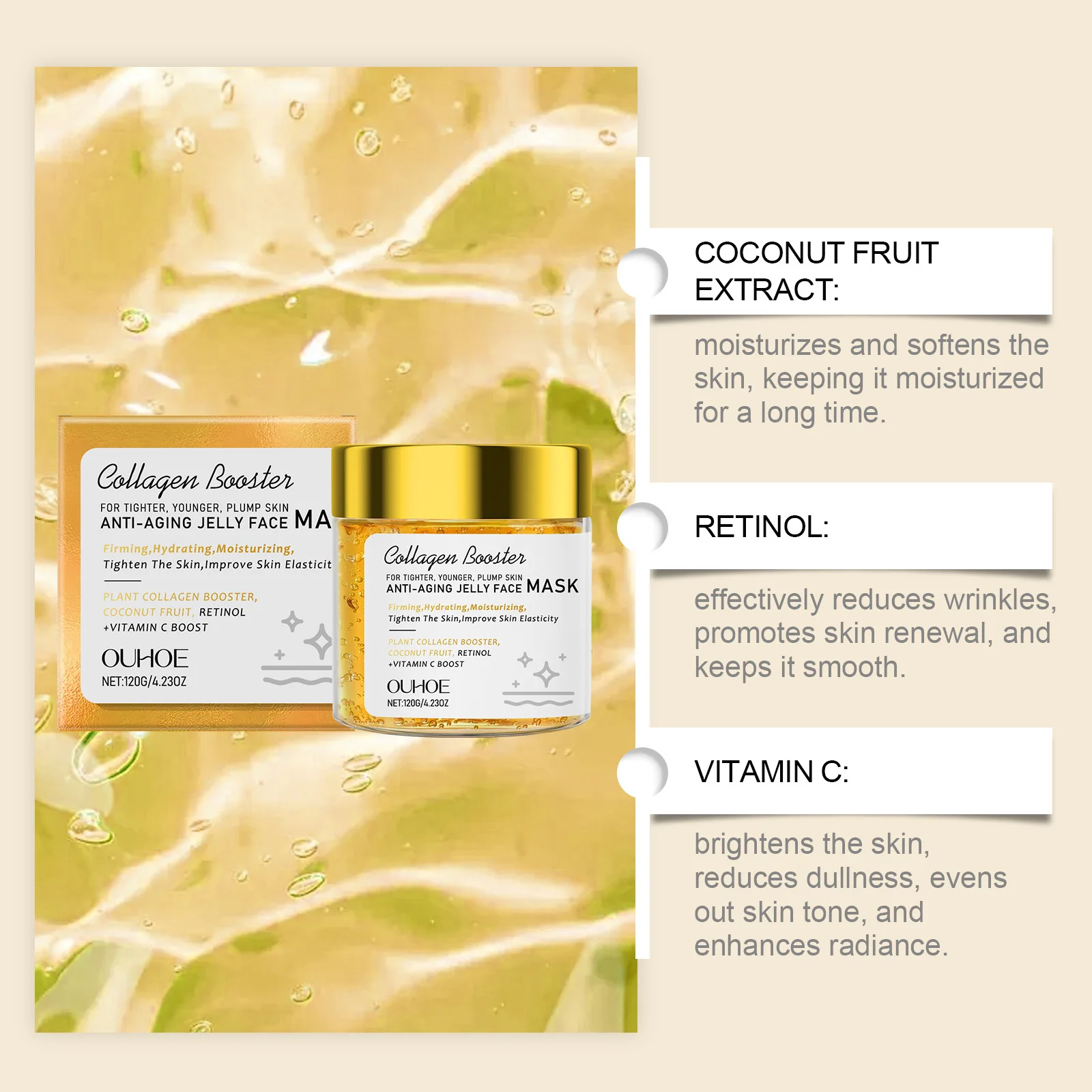 OUHOE Gelee-Gel-Maske, feuchtigkeitsspendend und feuchtigkeitsspendend, straffende und weichmachende Haut, verblassende feine Linien, Mattheit und Ausstrahlung
