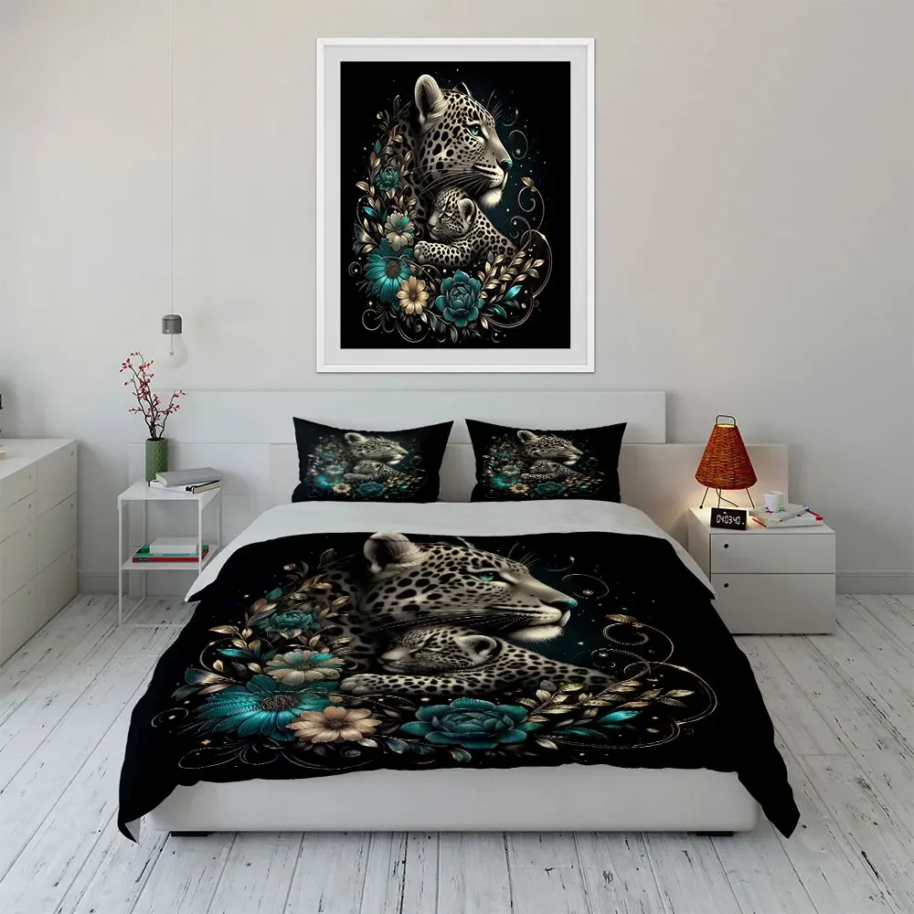 Leopard Family Art Decor Set Bedding Set with 1 Duvet Cover 2 Pillowcases Single Double King Queen, Gift