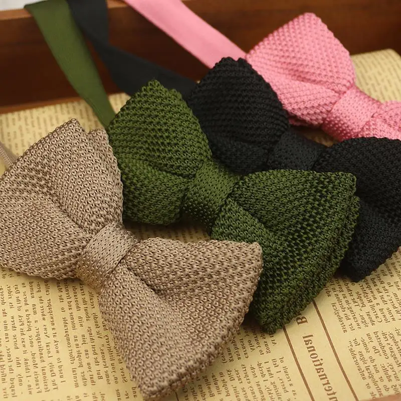 Handmade Knitted Bow Ties For Men Women Solid Color British Style Casual Bowknot Suit Dress Neckties Cravat Knitting Wool Bowtie