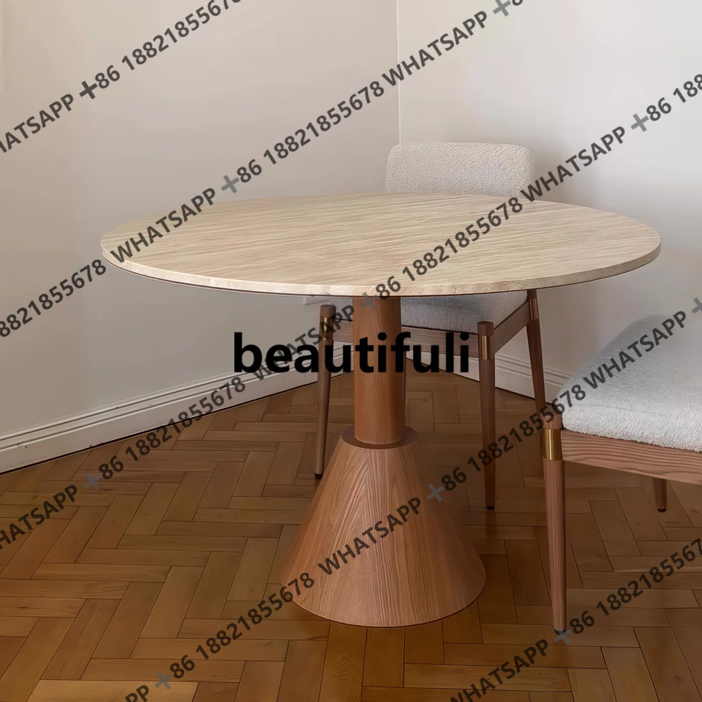 

Log-style solid wood dining table, household travertinestone table, retro-style round dining table, high-end dining chairs