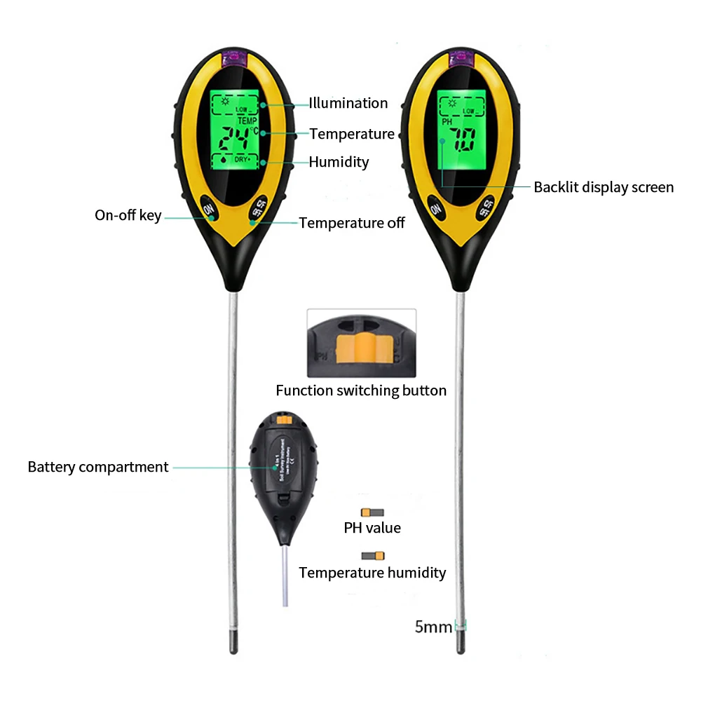 4 in 1 Soil PH Meter Tester Soil Tester PH Moisture Meter Temperature Sunlight Intensity Measurement Analysis Soil Acidity Test