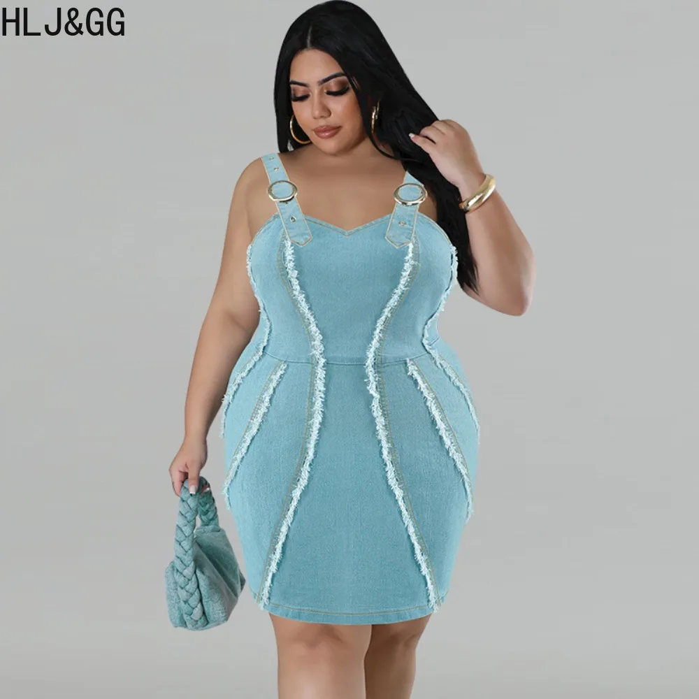 

HLJ&GG Light Blue Casual Solid Denim Splicing Bodycon Suspenders Dresses Plus Size Women Strap Sleeveless Backless Slim Vestidos