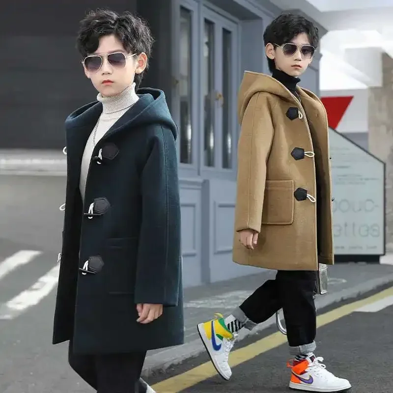 Boys Woolen Coat 2024 Spring Autumn New Fashion Solid Hooded Jackets Coat Outwear 4-14T Children Overcoat High Quality