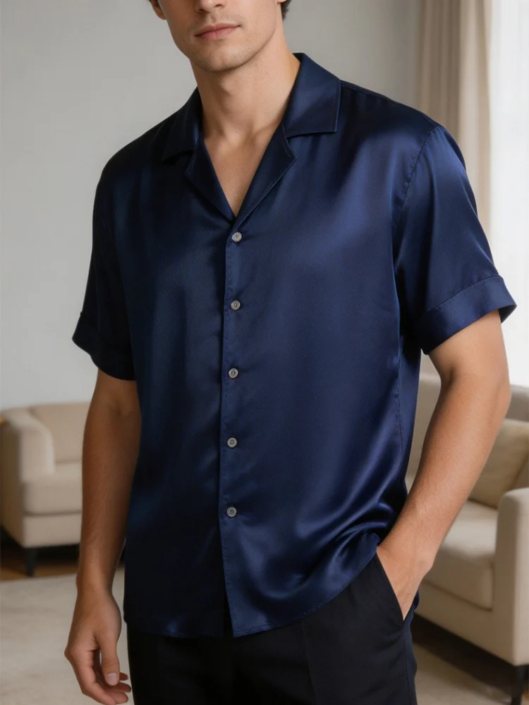 Birdtree,  OEKO-TEX, 19MM 100% Silk Shirt, Short Sleeve, Lapel Pullover, Men's Satin Single Breasted Blouse, 2026 New T69517JF