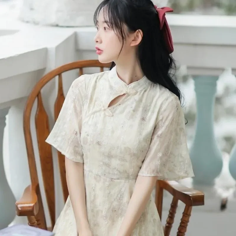 Summer Women Chiffon Improved Cheongsam Elegant Chinese Traditional A-Line Short Sleeve Party Dresses