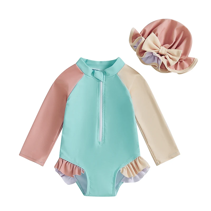 

Baby Girls Rash Guard Swimsuit with Hat 2 Pcs Set Contrast Color Zip Up Long Sleeve Crew Neck Infant Girls Swimwear