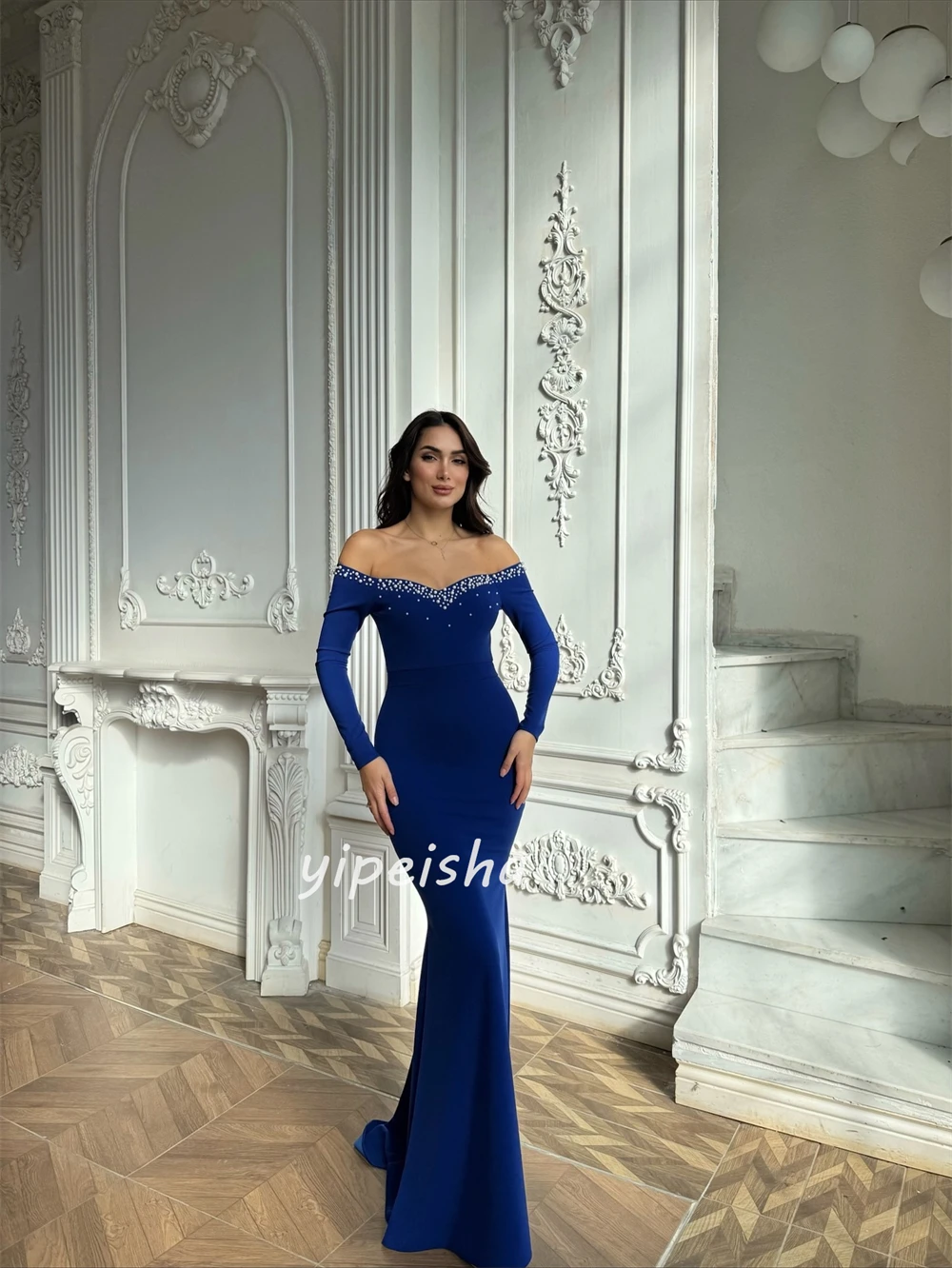 Customized Modern Style Simple Jersey Beading Pleat Mermaid Off-the-shoulder Long Dresses Bespoke Occasion Dresses High Quality