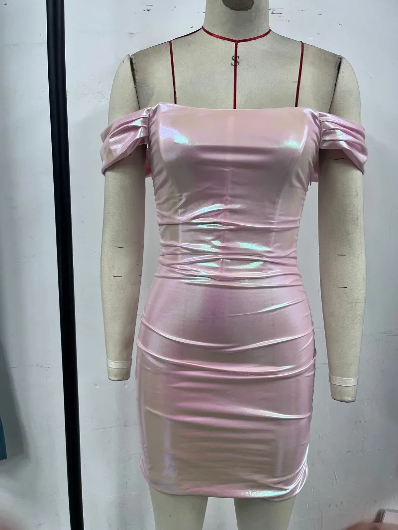 눈부신 주름 바디콘 미니 파티 드레스 여성 섹시 스트랩리스 플리츠 오프숄더 백리스 생일 클럽웨어 패션 의상