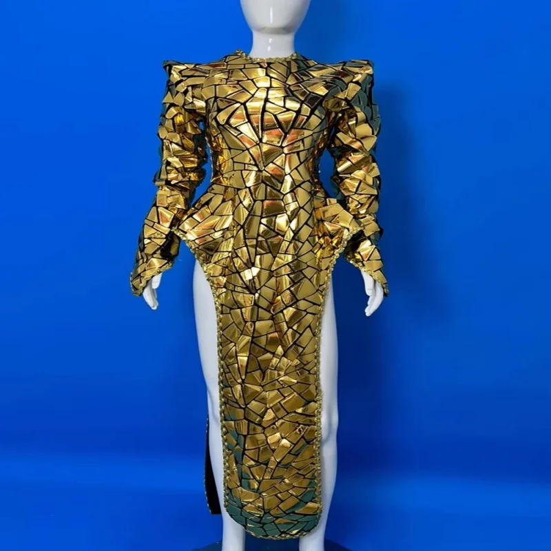 الذهب والفضة الليزر الترتر مثير المرحلة سبليت فستان طويل ملهى ليلي بار أداء ملابس رقص مرحلة حفلة سحب الملكة زي