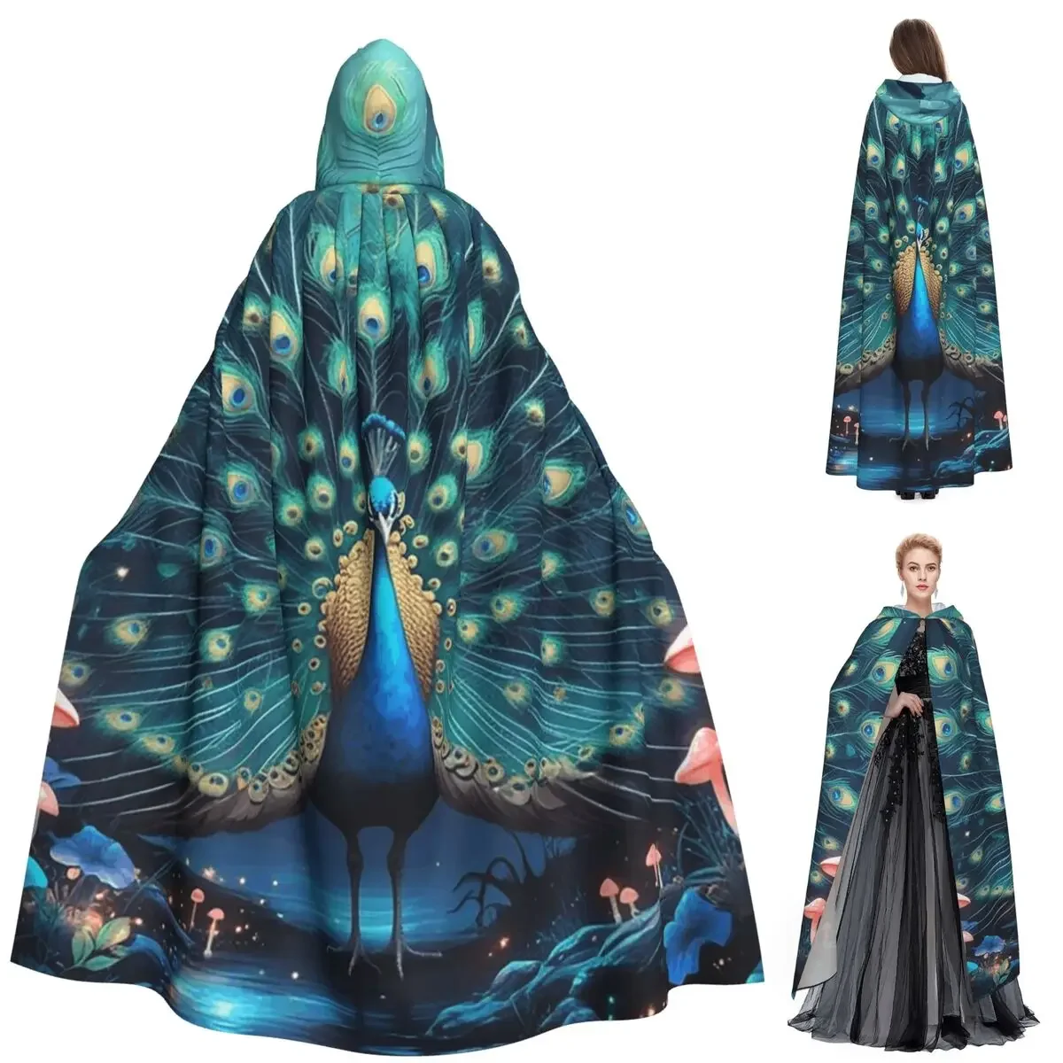 

Заводной длинный плащ с павлиньими перьями, средневековый костюм ведьмы, накидка для косплея, накидка на Хэллоуин, вампир, для взрослых, унисекс