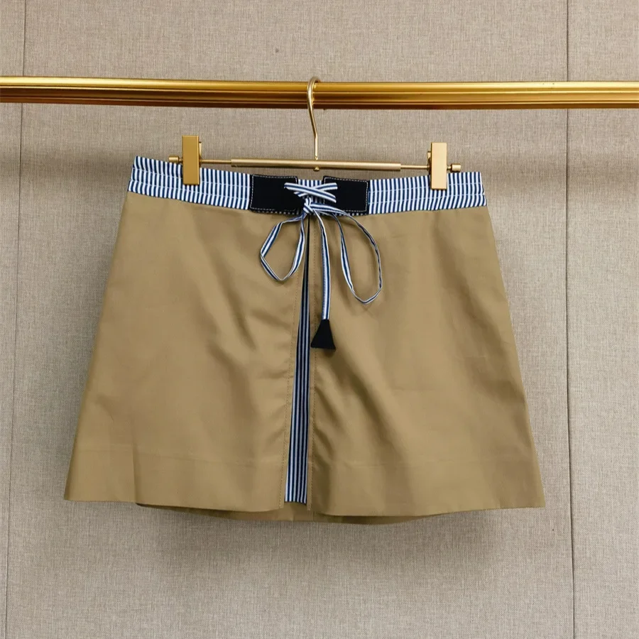 

Женская полосатая лоскутная юбка трапециевидной формы в консервативном стиле, лето 2021, мини-юбка на шнуровке с эластичной резинкой на талии
