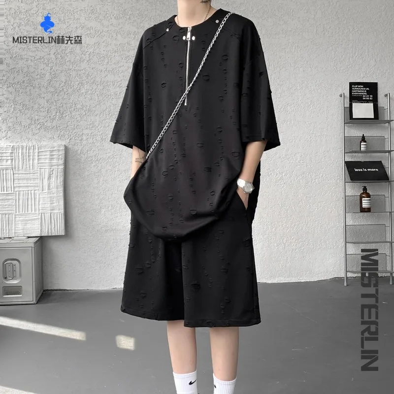 American Retro Distressed Breathable Casual Comfortable Set Fashion Trendy Men's Loose Handsome Youth Popular Two-Piece Set