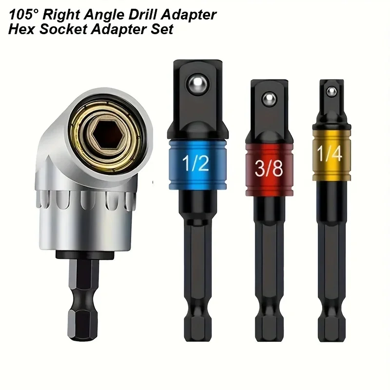 

1 set Power Hand Tools, 1/4in 3/8in 1/2in Hex Shank Drill Nut Driver Bit Set+105 Degree Right Angle Driver, Screwdriver Drill