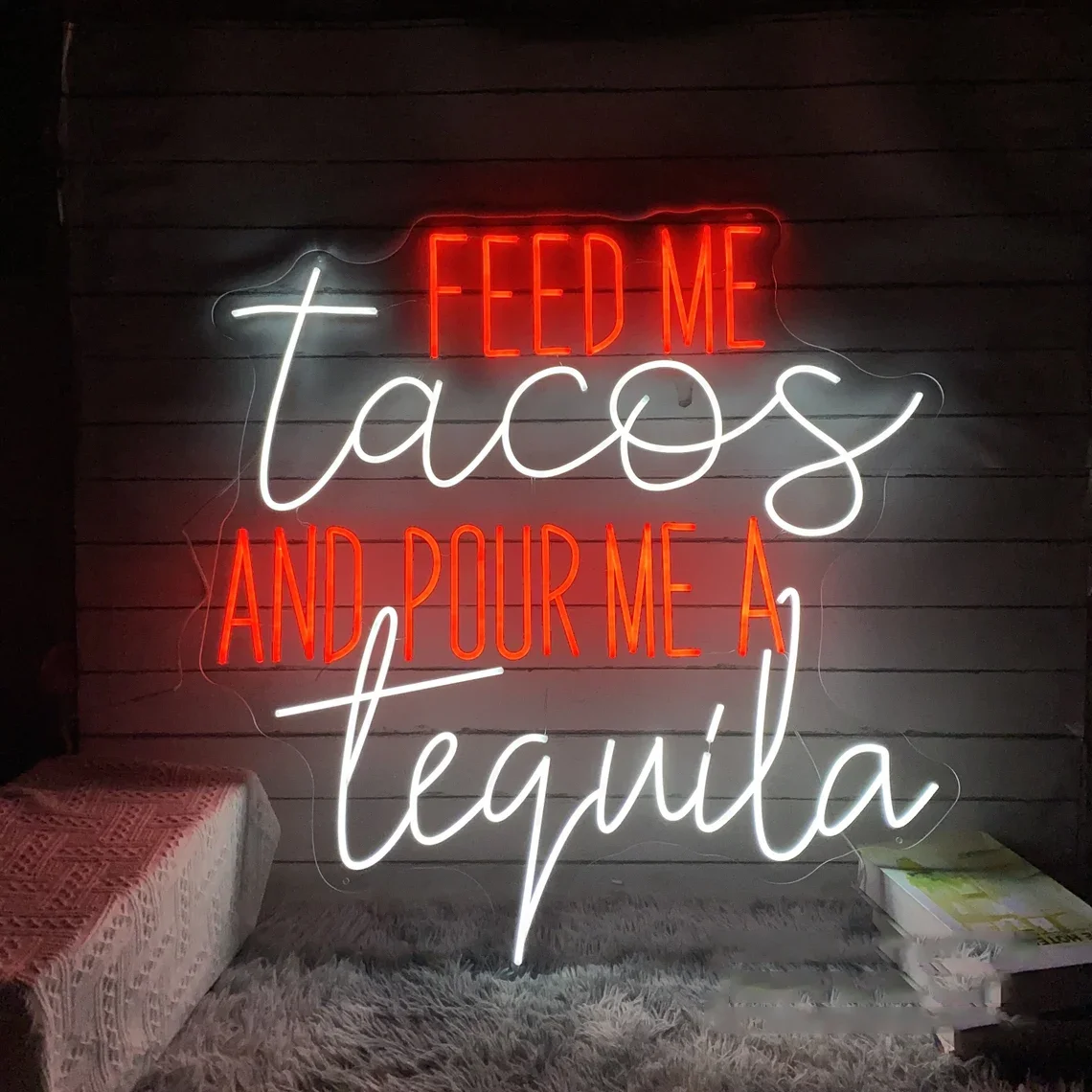 Feed Me Tacos And Pour Me A Tequila Neon Sign, Taco Party Restaurant Decor, Fast Food Tequila Neon Sign Home Bar Wall Decoration