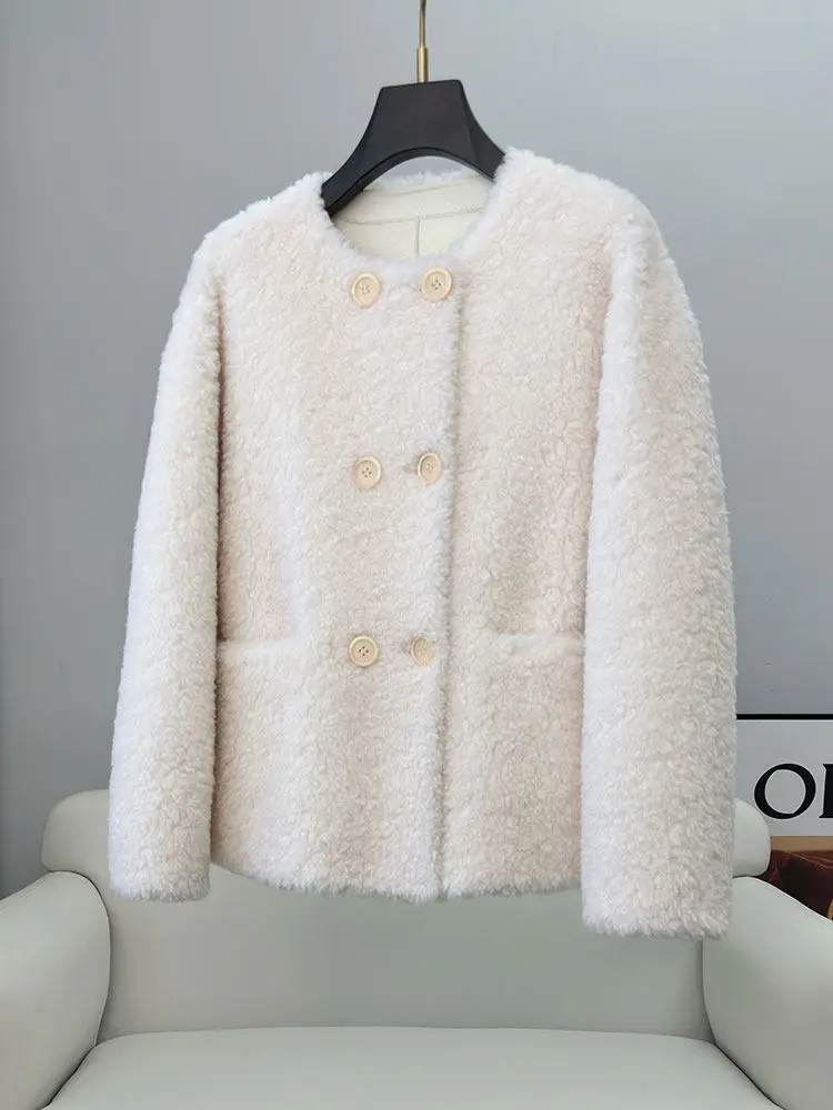 Cappotto doppiopetto in shearling di pelle d'agnello da donna, inverno 2025 nuovo stile Pelliccia girocollo in pelliccia stile corto monopezzo